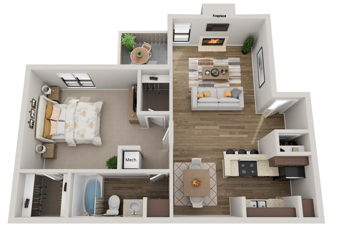 Floor plan for 1 bed, 1 bath, 780 sqft